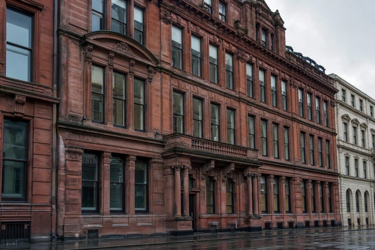 Sandstone commercial building exterior on West George Street, Glasgow